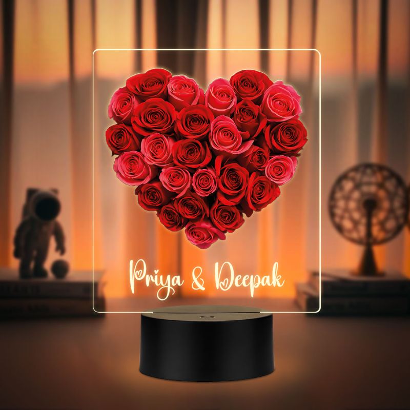 Personalized Rose Led Night Lamp Customized with Name Gift for Valentines Day & Rose Day Gift for Couples Warm White Light